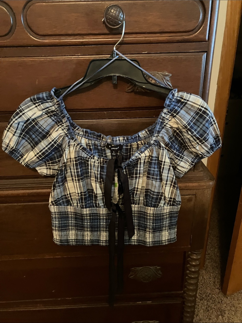 Blu Pepper Blue & White Plaid Puff-Sleeve Crop Top